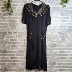 VINTAGE 1940s Black Full Length Dress Ruffles Pockets Mid Century